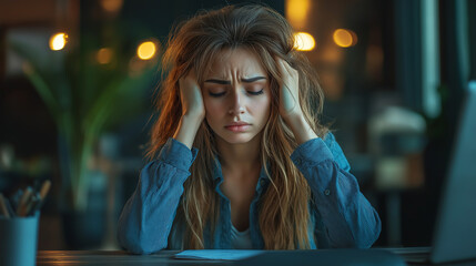Unhappy young woman sitting in front of a desk at the office, sick and stress headache feeling depressed suffering trauma from problem trouble tension, tired difficulty mental health, exhausted pain