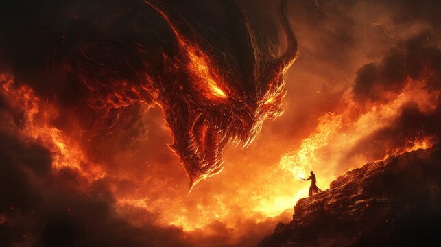 Giant winged demon towering over a lone figure in a fiery landscape. Dramatic lighting emphasizes the immense size and terrifying presence of the creature. Generative AI