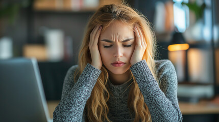 Unhappy young woman sitting in front of a desk at the office, sick and stress headache feeling depressed suffering trauma from problem trouble tension, tired difficulty mental health, exhausted pain