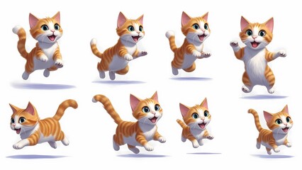 Cute cartoon cat jumping, playful illustration, tabu cat isolated, white background, for children's designs.