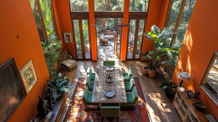 Fototapeta premium High-Ceiling Dining Room with Lush Outdoor View