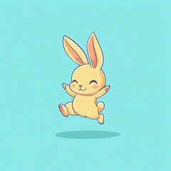 Obraz premium Cute cartoon bunny character jumping happily against a light blue background, perfect for children's illustrations or joyful designs.