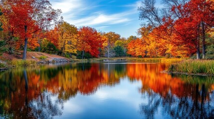 Obraz premium Vibrant red and yellow autumn trees reflected in a calm lake surrounded by golden reeds. Serene fall landscape in a wooded area with rich seasonal colors. Nature and tranquility concept. Generative AI