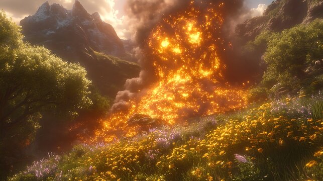 An expansive landscape depicts an eruption with beautiful surrounding nature