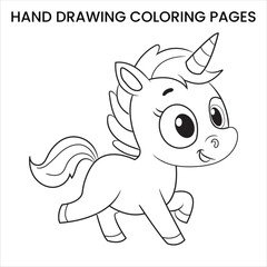Cute Kawaii Unicorn. Kawaii-style unicorn with big eyes, hand-drawn coloring page for kids.