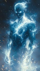 A captivating figure surrounded by electric energy, embodying strength and power, with a glowing blue aura and striking lightning effects.