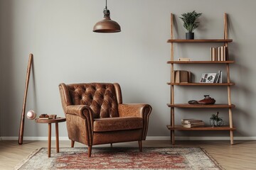 Cozy, masculine living room with leather armchair and wooden shelving