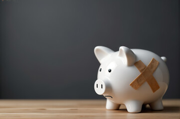 White piggy bank with a band aid on it sits on a wooden table. Ideal for financial, savings, budgeting, and healthcare concepts.