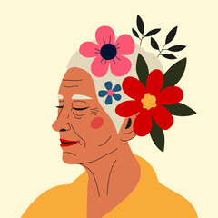 Vector illustration with old woman with flowers in hair. Romantic beauty self-care print design. Active healthy lifestyle concept art with people and flowers. Greeting card template