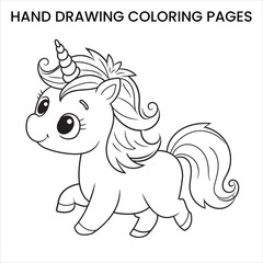 Cute Kawaii Unicorn. Kawaii-style unicorn with big eyes, hand-drawn coloring page for kids.