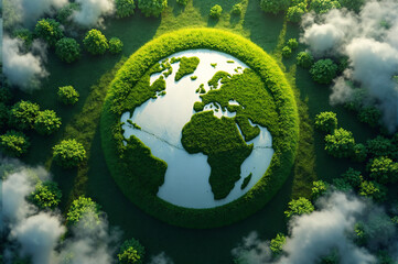 Green grassy globe with clouds and trees. Suitable for environmental and conservation themes, Earth Day concepts, and nature illustrations.