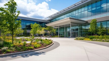 Obraz premium modern office building exterior with landscaped courtyard