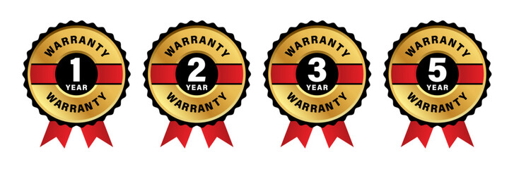 1, 2, 3 and 5 year warranty logo set with ribbon in red and golden color vector image. One, two, three and five year Warranty labels, stamp designs in golden and black color. Set of golden warranty.