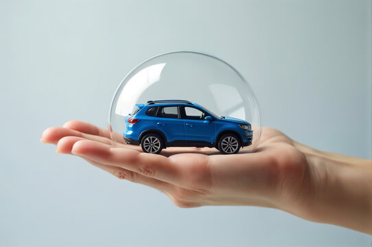 Blue toy car inside a bubble, held by hand. Perfect for car insurance advertisements or playful, creative design projects.