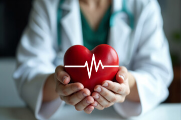 Doctor holding red heart with heartbeat graphic. Suitable for medical concepts, healthcare campaigns, cardiovascular awareness, hospital promotions, and wellness designs.