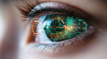 Close-up of a human eye featu a fascinating digital overlay of green binary code projected onto the iris showcasing technology and vision concept
