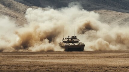 Fototapeta premium tank driving through desert dust cloud