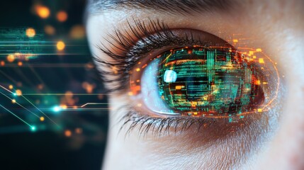 Close-up of a human eye featu a digital circuit board pattern symbolizing a futuristic concept of augmented reality and human-technology integration