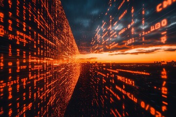 Digital code and a city at sunset showing data streams