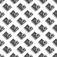 Architect notebook and house solid seamless pattern, architect studio theme. Vector graphics. Notepad with cottage building sign with background, repeat glyph icon.
