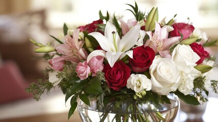 Elegant flower arrangement in a glass bowl, home interior background