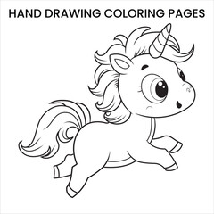 Cute Kawaii Unicorn. Kawaii-style unicorn with big eyes, hand-drawn coloring page for kids.