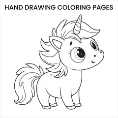 Cute Kawaii Unicorn. Kawaii-style unicorn with big eyes, hand-drawn coloring page for kids.
