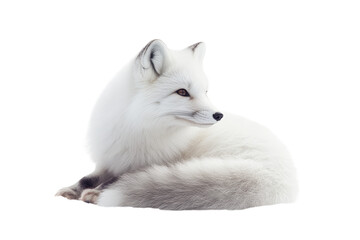 A white fox is laying down on a white background