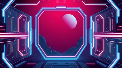 Obraz premium Neon Lights of a Futuristic Spaceship Window, Showing a Pink Planet and Mountains