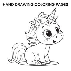 Cute Kawaii Unicorn. Kawaii-style unicorn with big eyes, hand-drawn coloring page for kids.