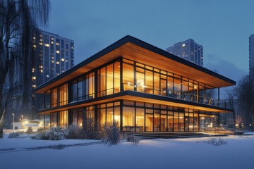 Obraz premium Modern architectural building glows in the winter evening light
