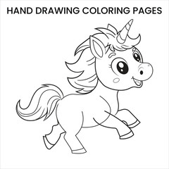 Cute Kawaii Unicorn. Kawaii-style unicorn with big eyes, hand-drawn coloring page for kids.