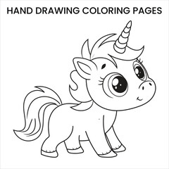 Cute Kawaii Unicorn. Kawaii-style unicorn with big eyes, hand-drawn coloring page for kids.