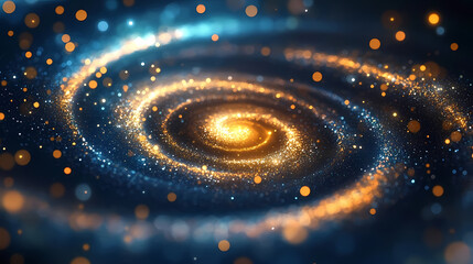 Spiral galaxy with blue and gold glowing light sources