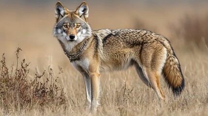 Fototapeta premium Coyote standing in tall grass, looking directly at the camera. (1)