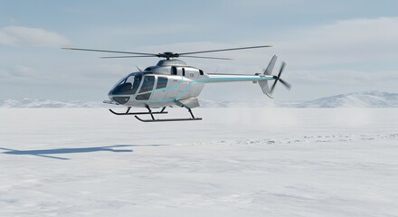 Helicopter Flying Over Snowy Landscape with Mountains in the Background