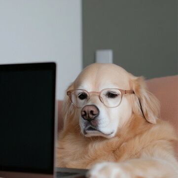 A close-up shot of a thin yellow labador retriever wearing stylish clear wayfare glasses, sitting in front of a laptop, its paws actively typing on the keyboard with a serious expression