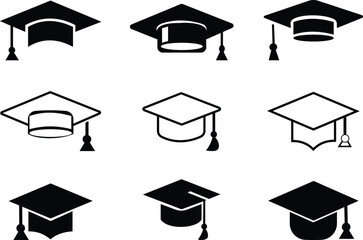 Graduation hat cap icon set . Academic cap. Graduation student black cap and diploma university or college hat icons, student graduation cap designs elements , vector with transparent backgrounds