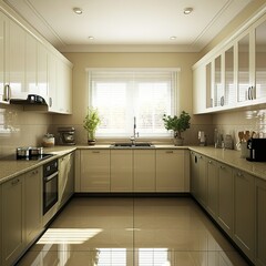 a large u shaped kitchen in a colonial style