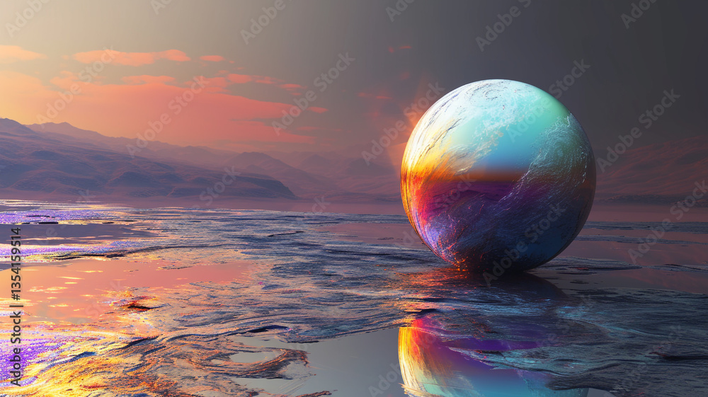 Wall mural iridescent orb resting on a reflective surface at sunset with distant mountains visible behind it
