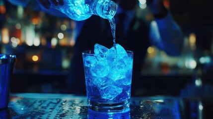 Captivating mixology moment as bartender expertly pours vibrant electric blue cocktail into a chilled glass, illuminated by moody bar lighting