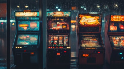 Neon reflections illuminate a classic arcade filled with retro machines, creating a nostalgic atmosphere amidst a rainy night
