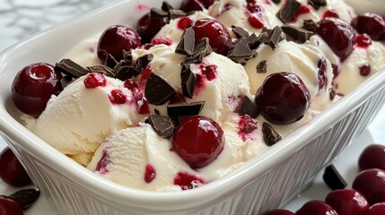 Delicious homemade cherry ice cream topped with dark chocolate and fresh cherries for a tasty treat on a warm day