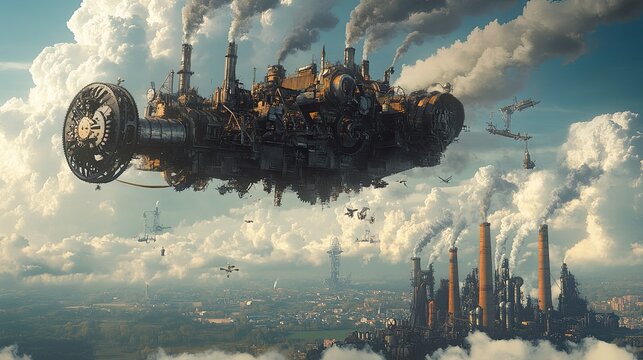 Massive steampunk airship hovering over foggy industrial cityscape intricate machinery glowing lights. The atmospheric design dystopian retro-futuristic aesthetic technology innovation. Generative AI