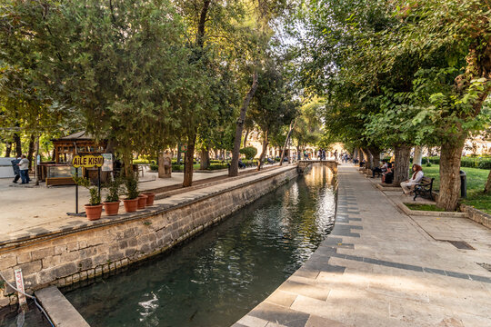 SANLIURFA, TURKEY - SEPTEMBER 22, 2022: Water channel in Golbasi Park in Sanliurfa, Turkey