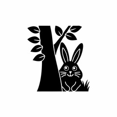creative details Rabbit Hiding Near a Tree Icon vector illustration
