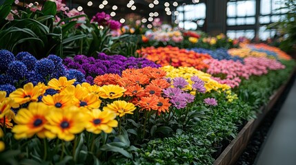 Obraz premium Vibrant Rainbow Flower Display in Modern Greenhouse