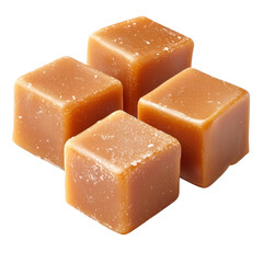 Four caramel candies on a transparent background. Close up of sweet caramel cubes. Delicious dessert.