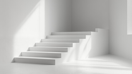 Minimalist white staircase casting geometric shadows in empty interior space. Modern architectural element with clean lines for contemporary design concepts and home renovation