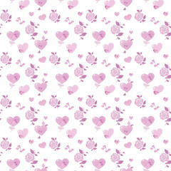 Seamless pattern with pink hearts and roses on white background.